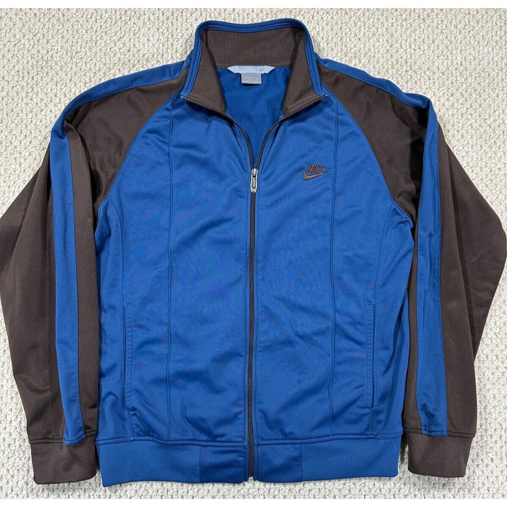 Vtg Nike Track Jacket Mens L Blue/Brown Stripe Satin Full Zip Swoosh Logo Y2K
